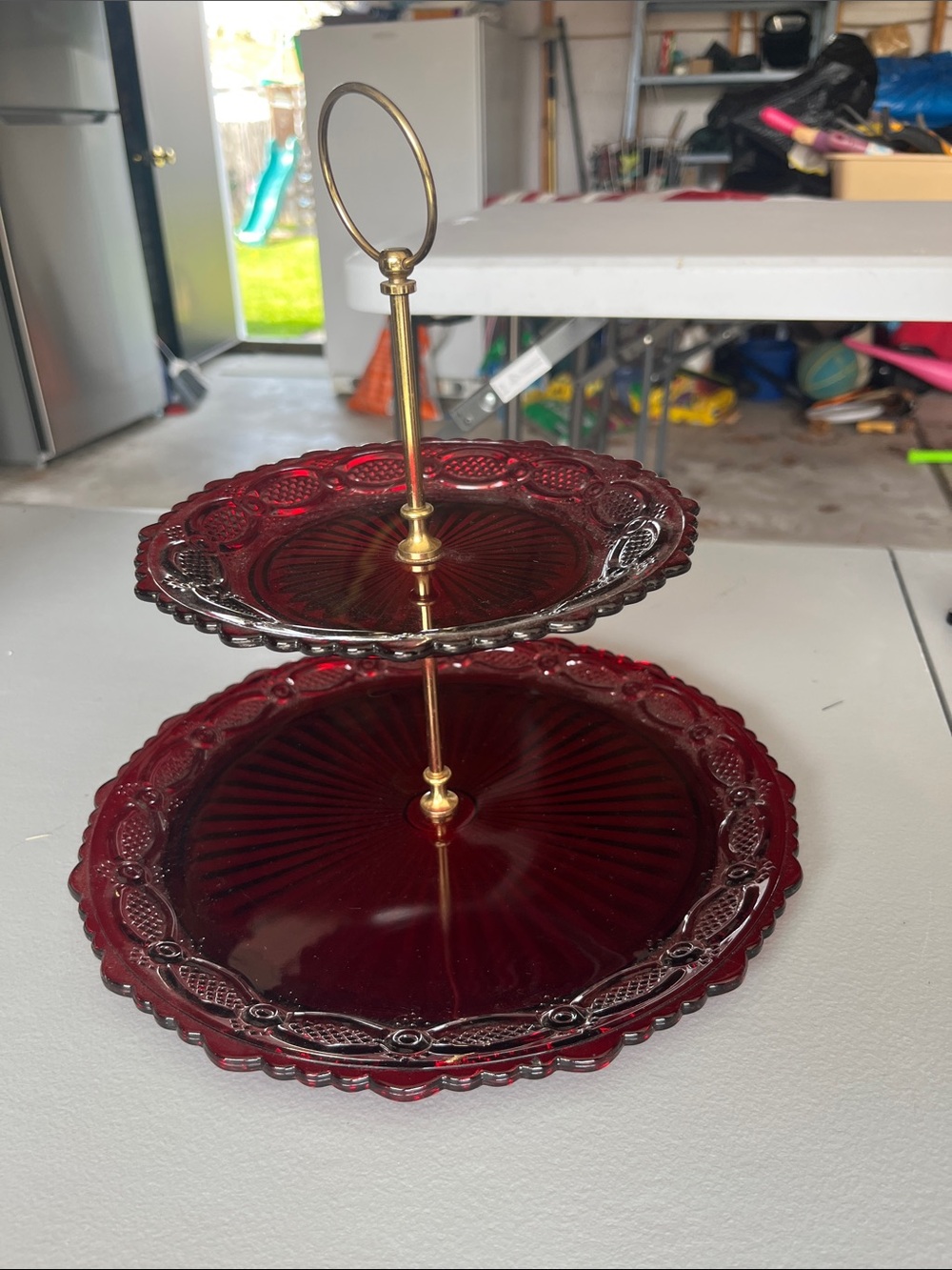 Avon Red Two-Tier Glass Serving Tray